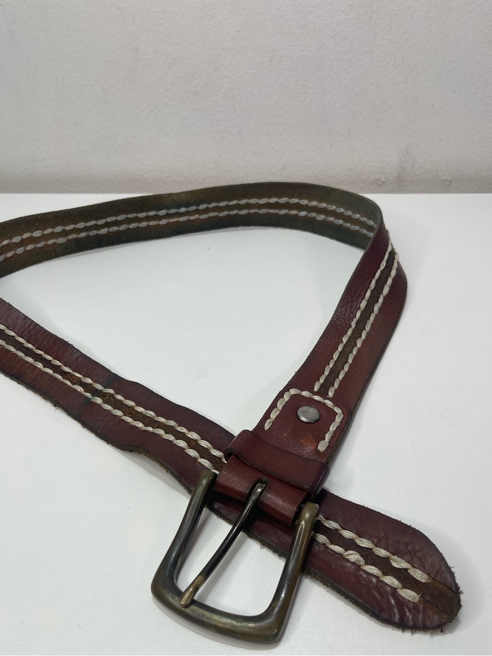 Lucky Brand Belt Men's 34 Genuine Leather Brown Double Row Stitching